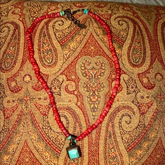 Artisan Red coral  Beaded Necklace with Turquoise Charm Sterling Silver vintage - Picture 10 of 17